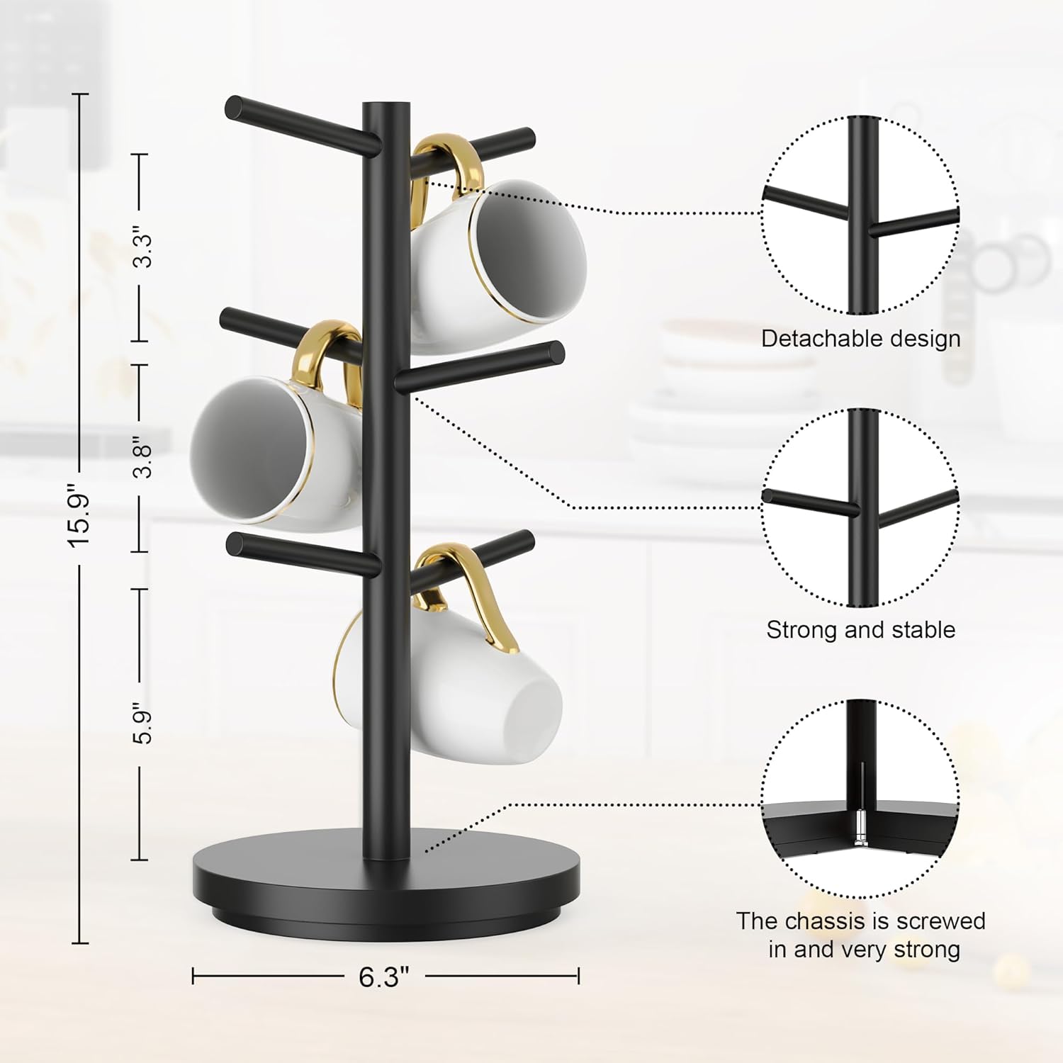 Wisuce Coffee Mug Holder Tree Upgraded 360Rotated Cup Holder for Counter Black Wood Cup Tree Mug Rack Organizer Stand with 6 Hooks for Kitchen Coffee Bar Accessories