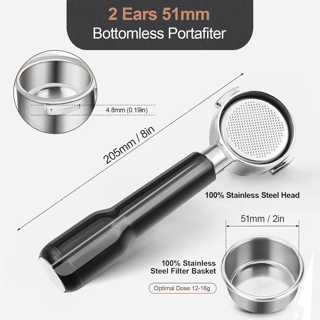 51mm Bottomless Portafilter & Puck Screen, 2 Ears Stainless Steel Head, Only Compatible with De'Longhi ECP3420, EC155, BCO430, EC260, and ECP3120, Includes 304 Stainless Steel Filter Basket
