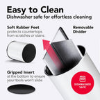 Rotating Extra Large Stainless Steel Utensil Holder Caddy with Sturdy No-Tip Weighted Base, Removable Divider, and Gripped Insert Bottom - Dishwasher Safe Metal Cooking Utensil Holder (White)