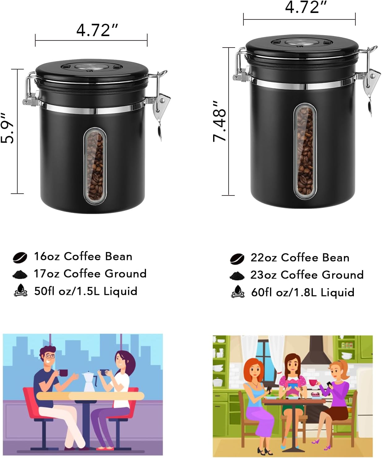 ShanSon Coffee Canister Airtight Coffee Container Stainless Steel Coffee Bean Storage Container with Scoop and See Through Window Coffee Canister for Beans Grounds Sugar Flour Tea Cereal,16OZ, Black