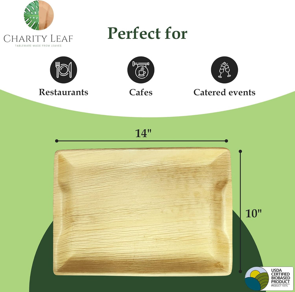 Charity Leaf Disposable Palm Leaf 14" x 10" Trays (100 Pieces) Bamboo Like Serving Platters, Disposable Boards, Eco-Friendly Dinnerware for Weddings, Catering, Events