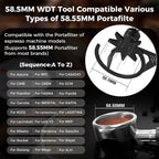 IKAPE Mantis WDT Distribution Tool, V3-58.5mm Espresso Stirrer Distribution Tool for Barista - 8 Needle Espresso Stirrer with Dosing Funnel & Stand, Adjustable Needle Height, Walnut Handle