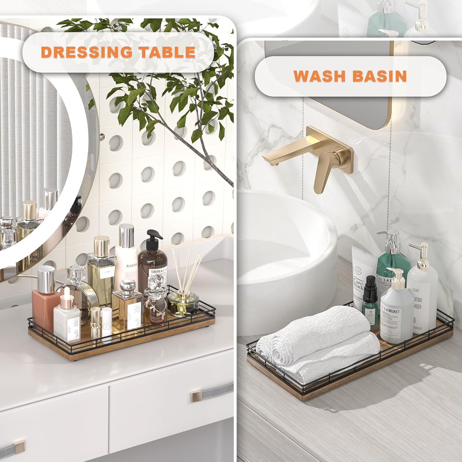 Bathroom Toilet Tank Tray, 13" Wood Toilet Paper Storage Basket Tray Back of Toilet Basket Organizer,Vanity Tray for Perfume Makeup Candle Decor, Black & Farmhouse Brown