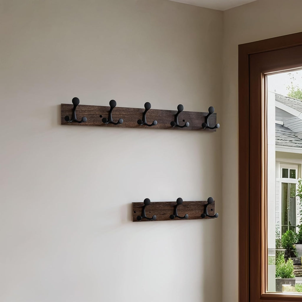 SKOLOO 30-Inch Wood Burnt Coat Rack Wall Mount with 5 Triple Hooks - Ideal for Family Entrances, Classrooms, and Pet Supplies Storage - Perfect Coat Hooks for Wall