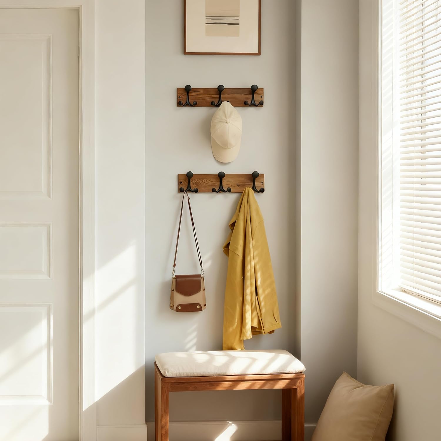 SKOLOO 17-Inch Wood Coat Rack Wall Mount with 3 Triple Hooks - Ideal for Family Entrances, Classrooms, and Pet Supplies Storage - Perfect Coat Hooks for Wall,Charred Golden Brown