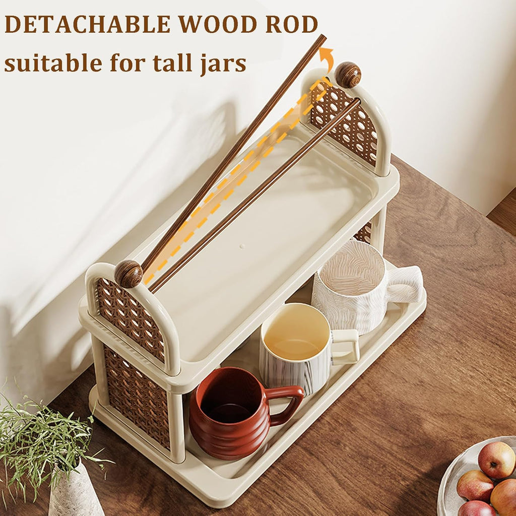 2-Tier Rattan Organizer Vintage Coffee Mug Cup Holder for Countertop Kitchen Bedroom and Living Room, Saucer Bottle Storage Kitchen Accessories (Green)