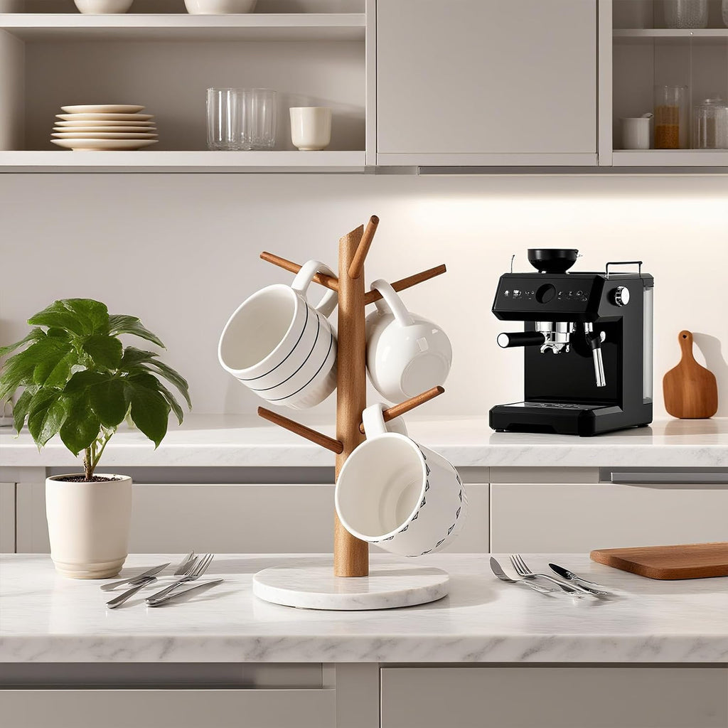 Acacia Wood Mug Tree, Marble Base Coffee Mug Tree for Counter, Mug Holder Tree with 6 Hooks for Kitchen Coffee Bar Mug Organize