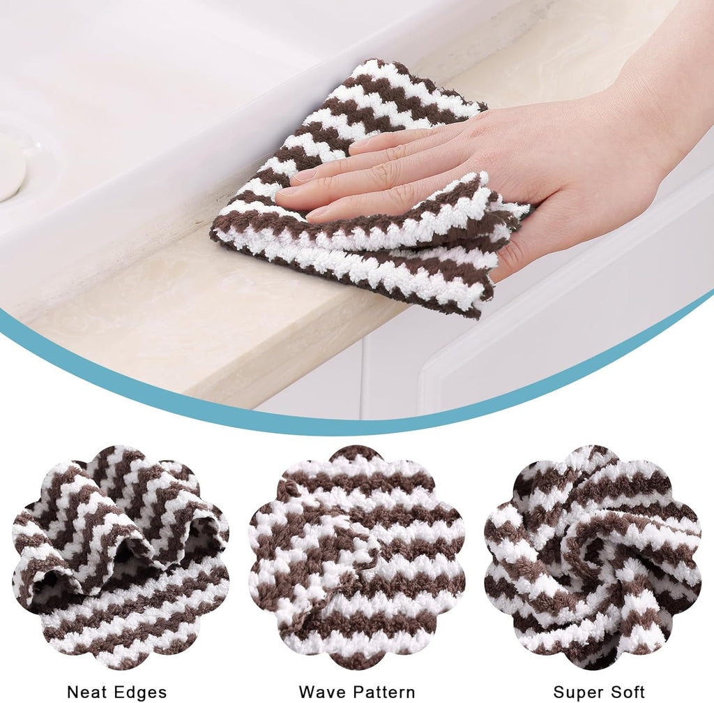 Homaxy 12 Pack Kitchen Dish Cloths, Ultra Soft and Absorbent Dish Towels, Reusable Fast Drying Microfiber Cleaning Cloth, Coral Velvet Wave Design No-lint, 10 x 10 inches, Brown