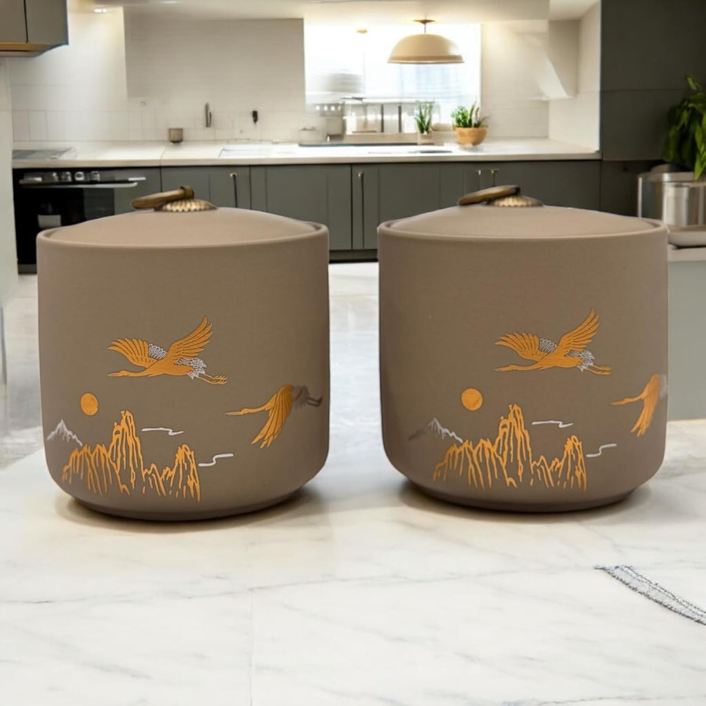 Bare & Balanced Premium Ceramic Tea Canister Set – Handcrafted Storage Jars with Airtight Lids | Crane & Mountain Design | Ideal for Tea, Coffee, Spices | Gift-Ready Box (Light beige)