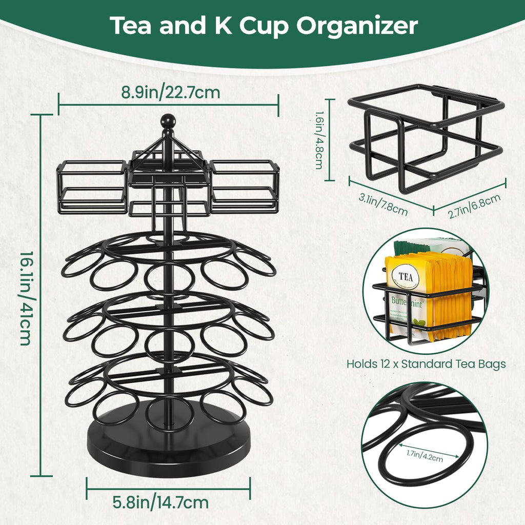 EsLuker.ly K Cup Holder Coffee Pod Organizer Carousel for Countertop, Rotatable Metal 4-Tier Storage Rack Stand for 30 K Cups & Tea Bags, Convenience Meets Elegance