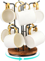 HULISEN 360° Rotating Mug Tree for Large Cups, Counter Coffee Mug Holder with 8 Hooks, Metal Coffee Cup Rack Stand for Countertop with Stable Wooden Base, Kitchen Counter Decor
