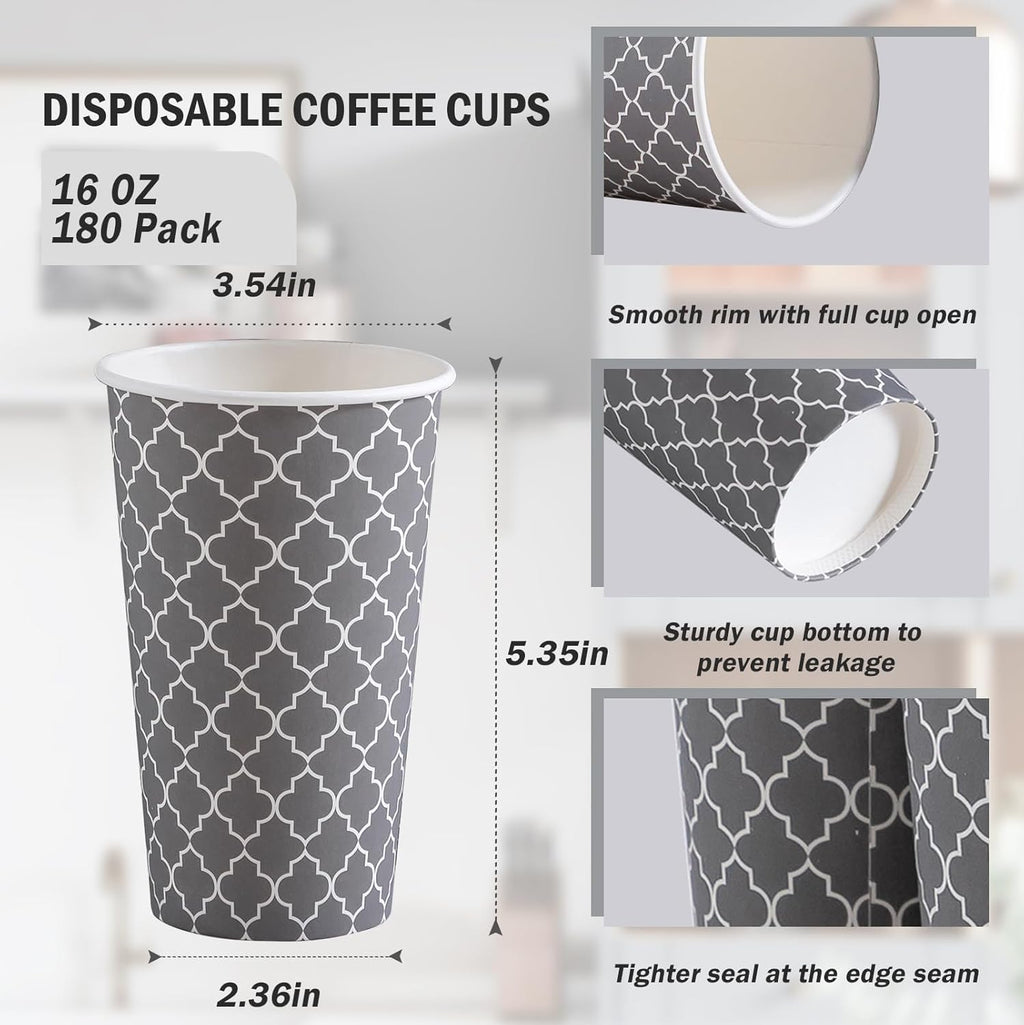 Lamosi Coffee Cups 16 oz 180 Pack, Disposable Coffee Cups, Disposable Cup,16 oz Hot Cup, Paper Insulated Cup for Cold Hot Drinks (No Lids)