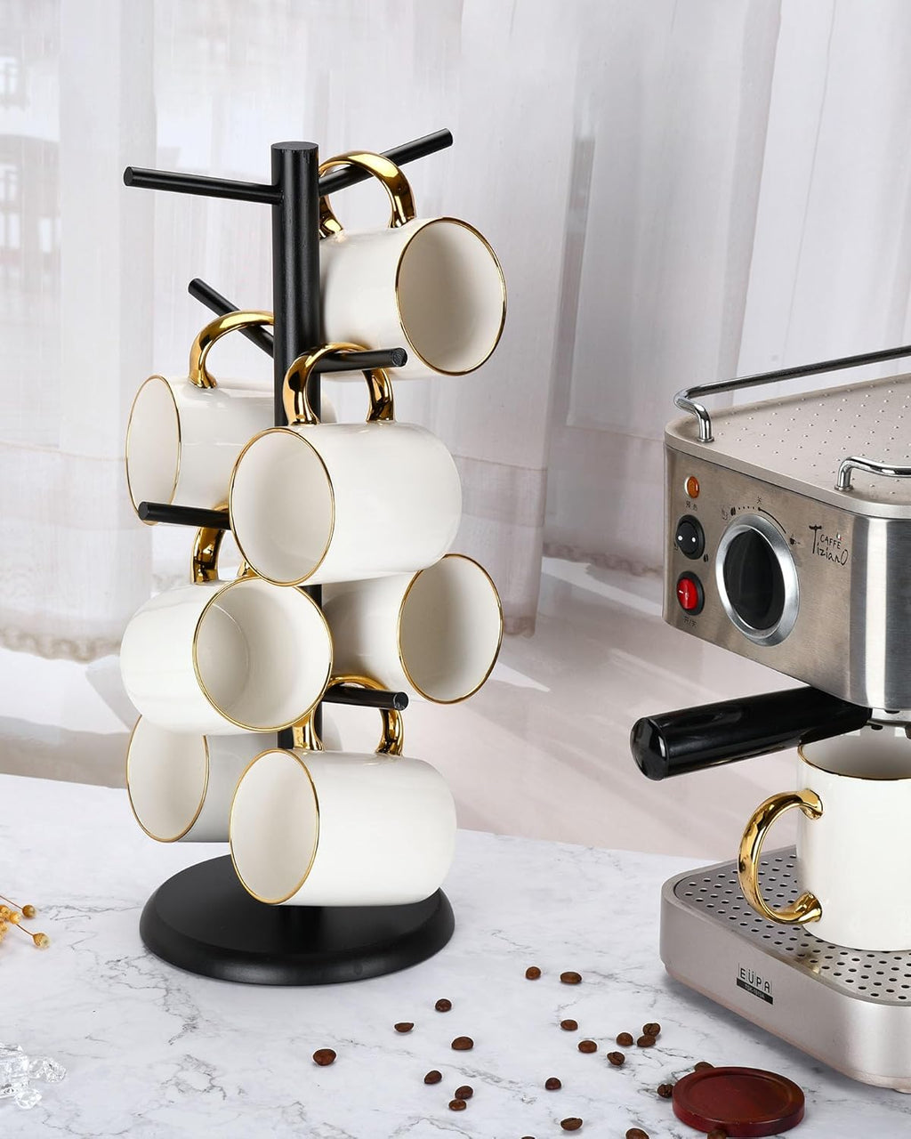 Lorbro Coffee Mug Tree with 8 Hooks, Mug Tree Stand, Wooden Coffee Cup Holder, Countertop Mug Tree, Mug Stand Kitchen Organizer, Cafe Accessories Decor & Kitchen Organizer Storage Stand (Black)