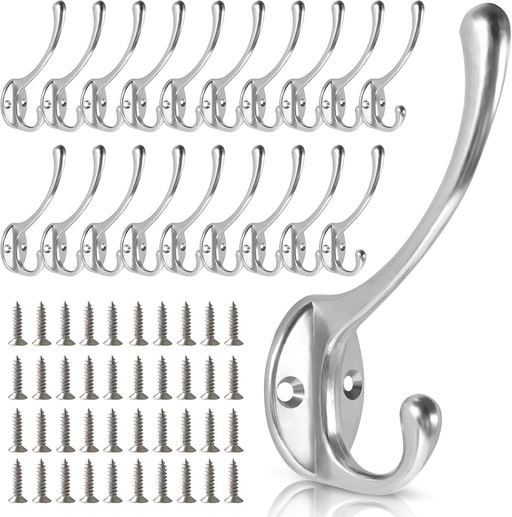 Wall Hooks for Hanging, 20-Pcs Heavy Duty Metal Coat Hooks, for Living Room, Bathroom, Kitchen, Bedroom for Coats Towel, Hat, Key, Closet, Bag (Silver)