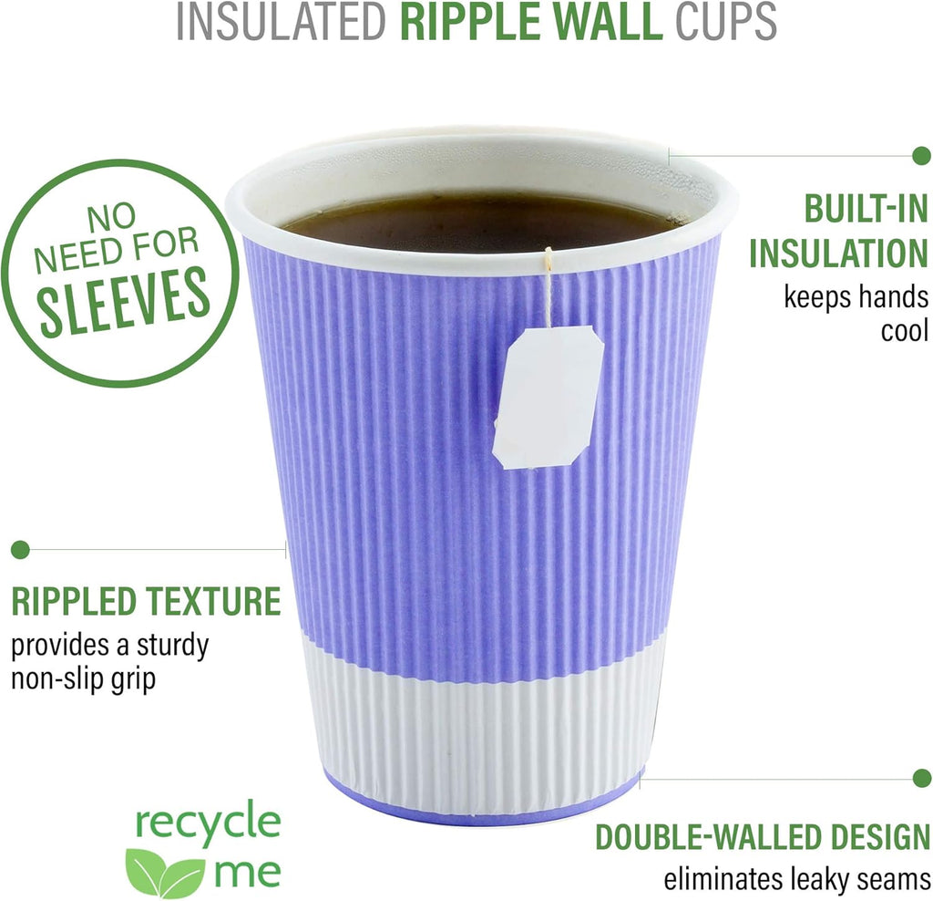 Restaurantware 8 Ounce Double Wall Disposable Coffee Cups, 500 Insulated Light Purple Paper Tumblers with Ripple Wall Design, Lids Sold Separately for Hot Drinks like Tea, Hot Chocolate and More