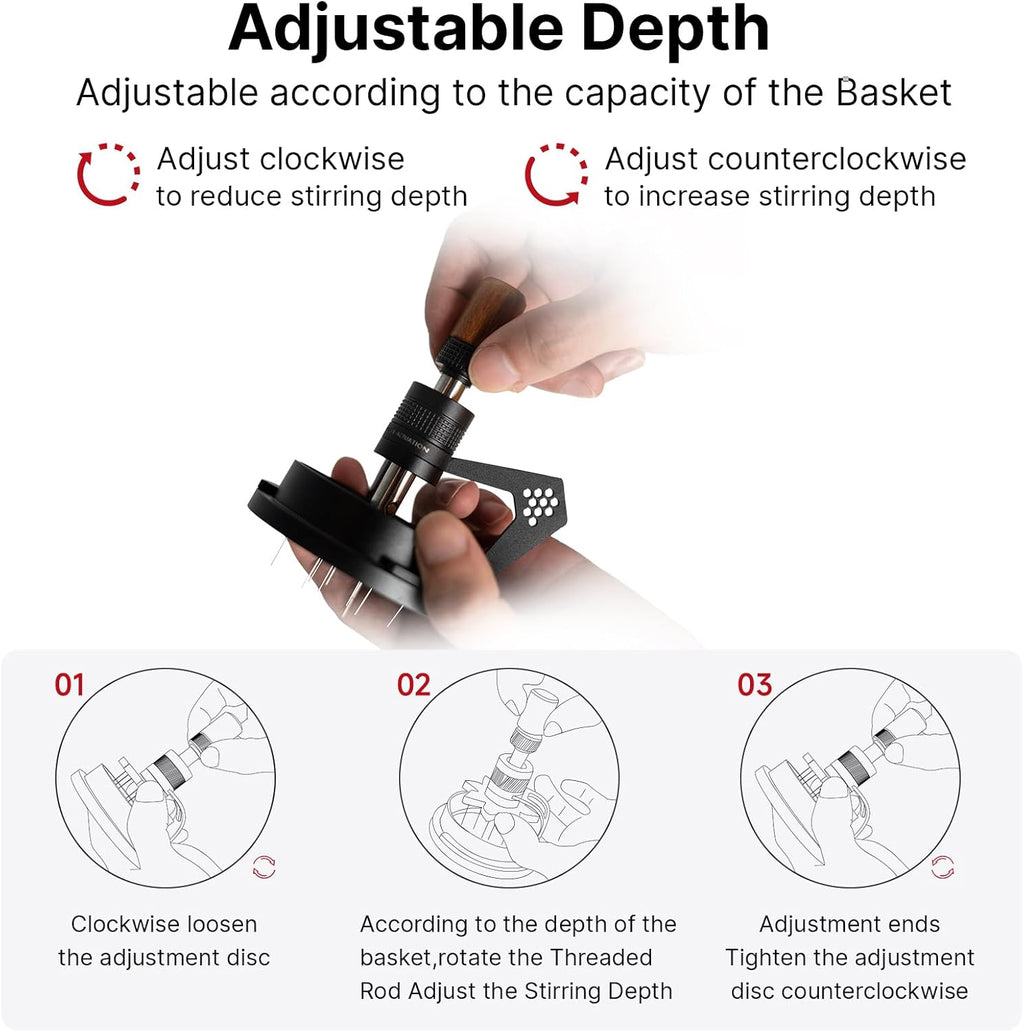 IKAPE Mantis WDT Distribution Tool with Clean Brush, 51mm Espresso Stirrer Distribution Tool for Barista - 8 Needle Espresso Stirrer with Dosing Funnel & Stand, Adjustable Needle Height, Walnut Handle