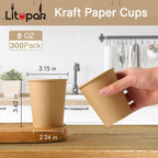 LITOPAK 300 Pack Disposable Coffee Cups 8 oz Paper Cups for Water, Coffee, Juice, and Tea, 8 Ounce Hot Paper Cups for Home, Restaurant, Store, and Cafe