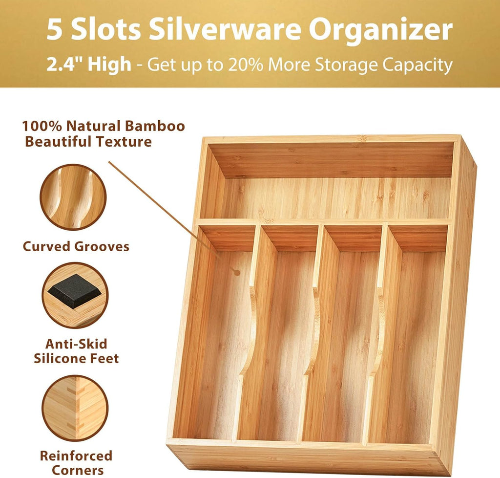 Umilife Bamboo Kitchen Drawer Organizer, 11 Inch Silverware Utensils Tray Holder with Grooved Dividers, 2.4" High Wood Caddy for Flatware Cutlery Knives