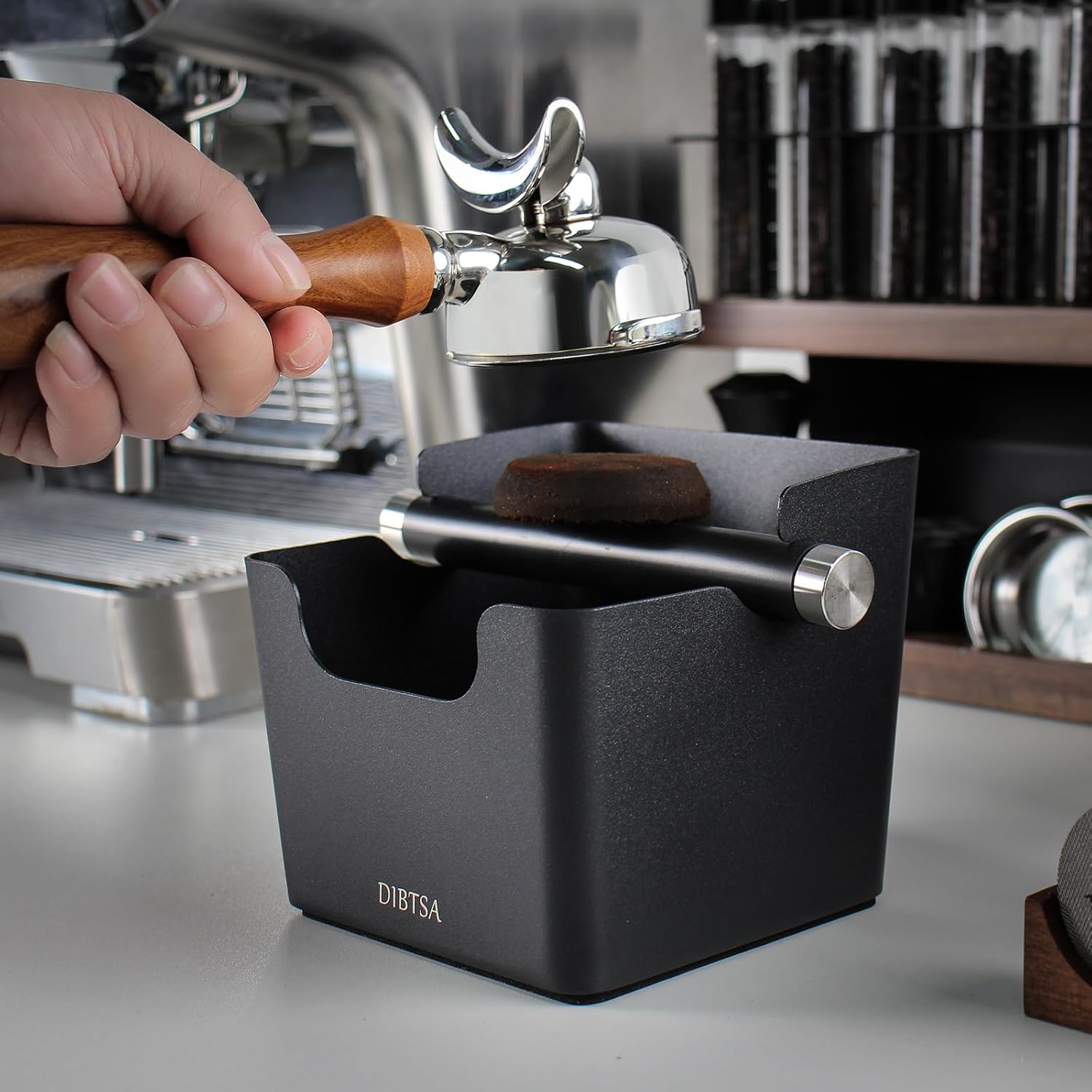 Knock Box Espresso, Stainless Steel Knock Box for Coffee Grounds, with Removable Rubber Bar and Anti-slip Pad, Small, Black