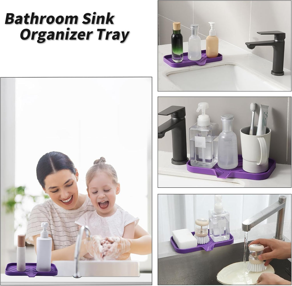 Silicone Bathroom Soap Dishes with Drain Spout-Bathroom and Kitchen Sink Organizer,Sponge Holder,Dish Soap Tray,Perfect for Dispenser,Scrubber,Bottle,Cup on Sink or Counter-Purple 9.6"×5.3"