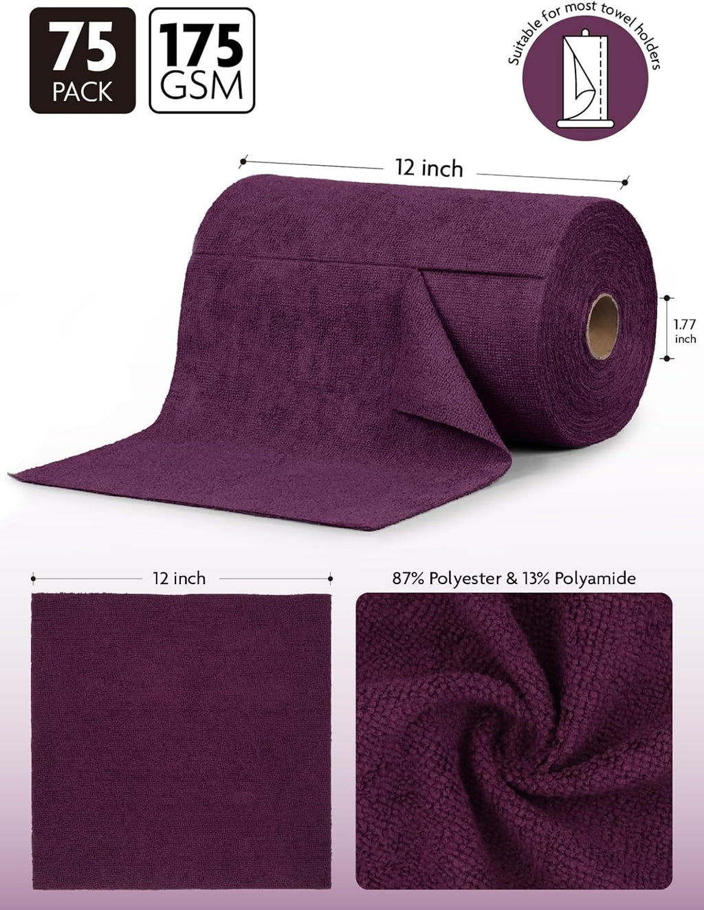 Fantasticlean Microfiber Cleaning Cloth Roll -75 Pack, Tear Away Microfiber Towels, 12" x 12", Reusable, Washable, Scratch Free, Ultra Absorbent for Car, Home Supplies (Dark Purple)