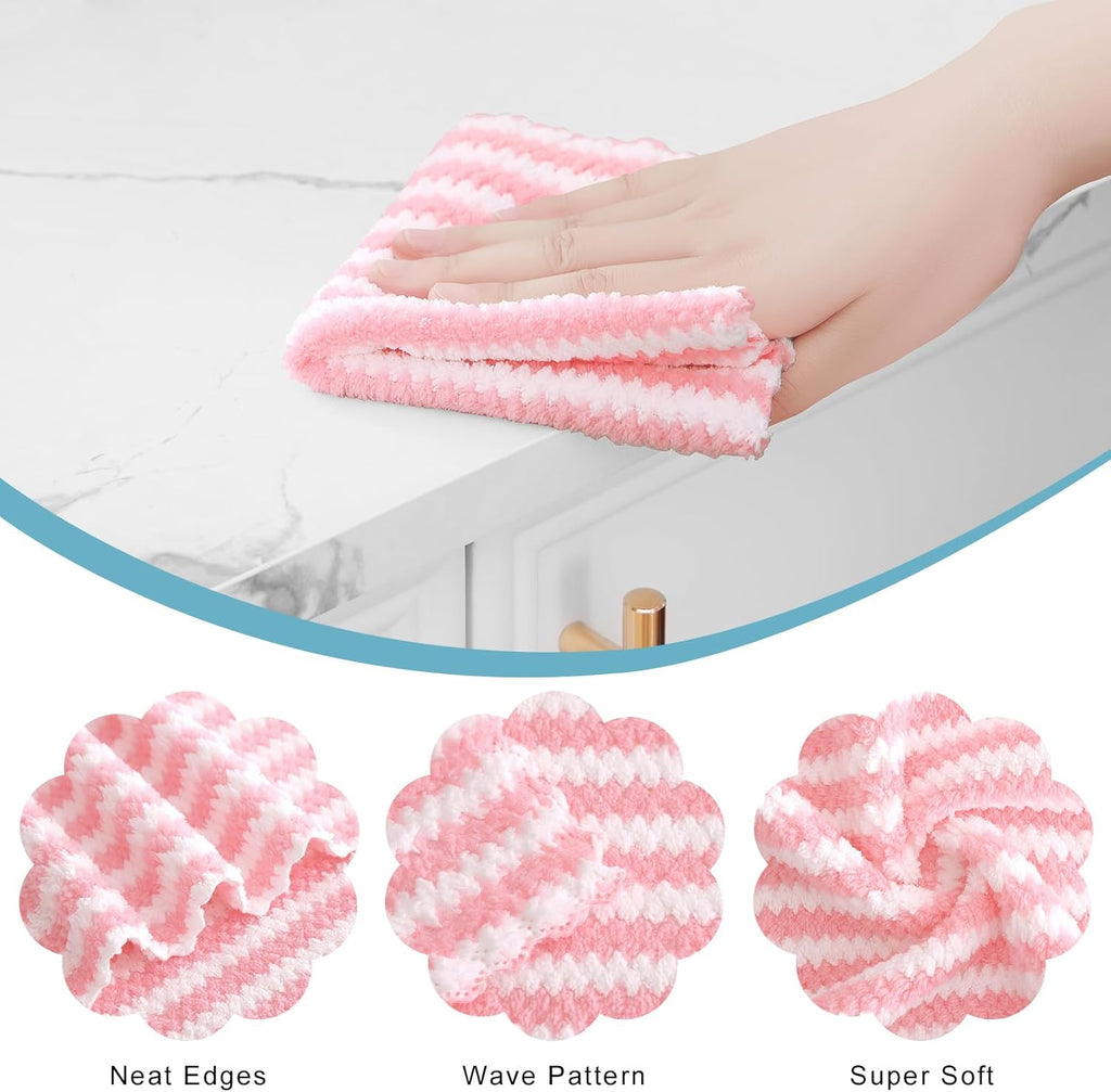 Homaxy 12 Pack Kitchen Dish Cloths, Ultra Soft and Absorbent Dish Towels, Reusable Fast Drying Microfiber Cleaning Cloth, Coral Velvet Wave Design No-lint, 10 x 10 inches, Pink