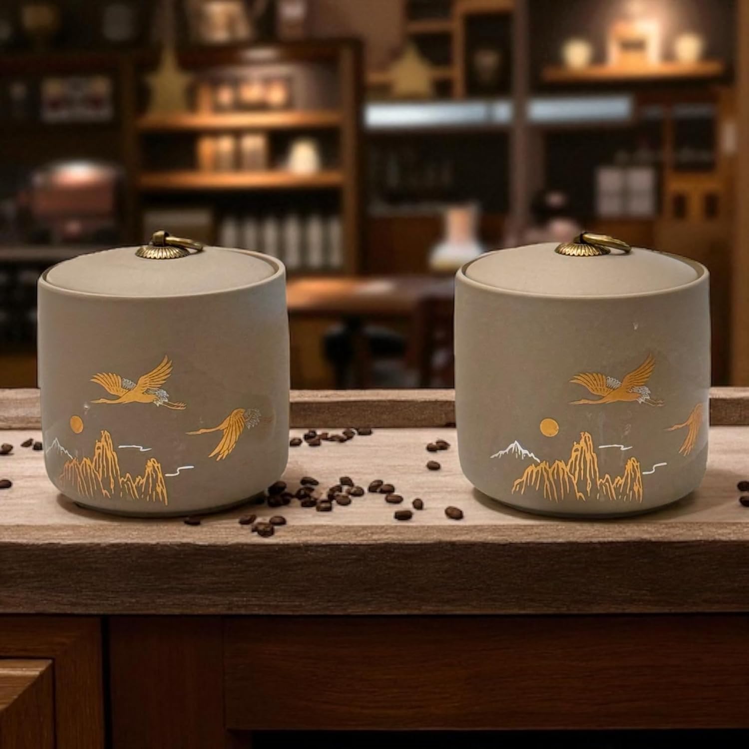 Bare & Balanced Premium Ceramic Tea Canister Set – Handcrafted Storage Jars with Airtight Lids | Crane & Mountain Design | Ideal for Tea, Coffee, Spices | Gift-Ready Box (Light beige)