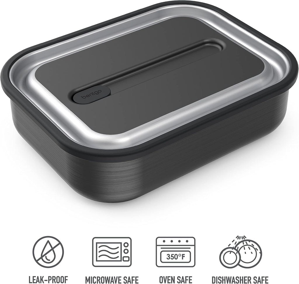 Bentgo MicroSteel Leak-Proof Lunch Box - Microwave-Safe, Oven-Safe, Bento-Style Container with Removable Divider, Airtight Lid, Sustainable Design, Odor & Stain Resistant (Carbon Black)