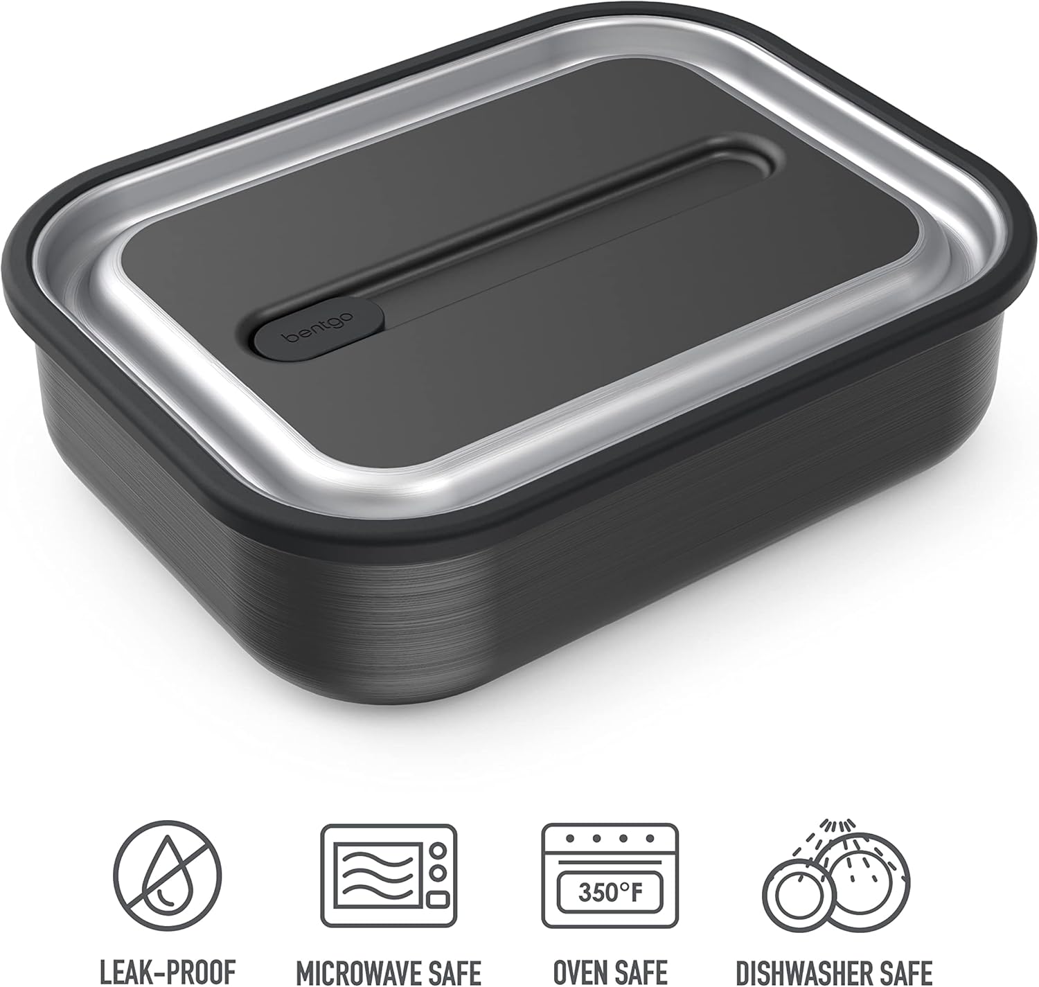 Bentgo MicroSteel Leak-Proof Lunch Box - Microwave-Safe, Oven-Safe, Bento-Style Container with Removable Divider, Airtight Lid, Sustainable Design, Odor & Stain Resistant (Carbon Black)