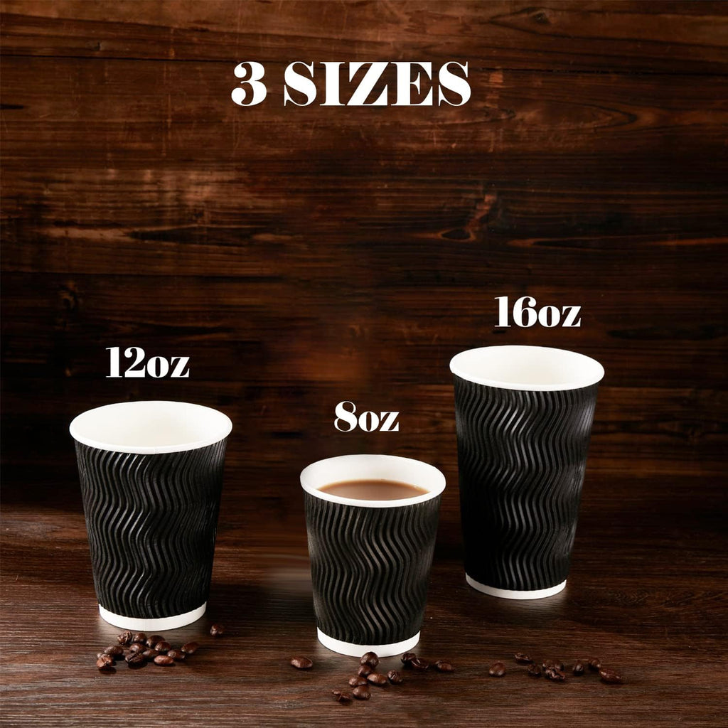Lamosi 12 oz Disposable Coffee Cups - 120 Pack, Insulated Corrugated Paper Cups 12 oz, Kraft Ripple Wall Cups for Hot Beverage or Cold Drinks Office/Home/Party/Travel/Cafe (Black)