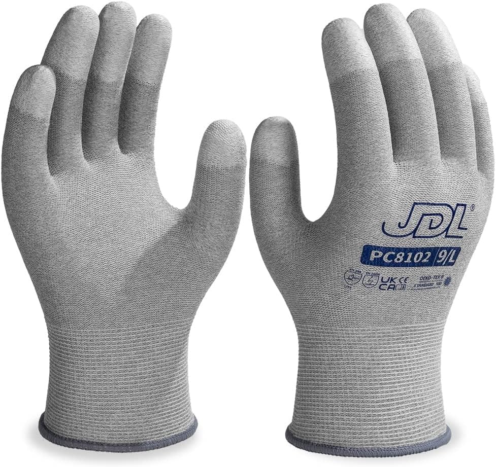 JDL ESD Work Gloves, Anti-Static Gloves for PC Building, Computer Installation & Repair, High Resistance Carbon Fiber Gloves, 6 pairs, Small