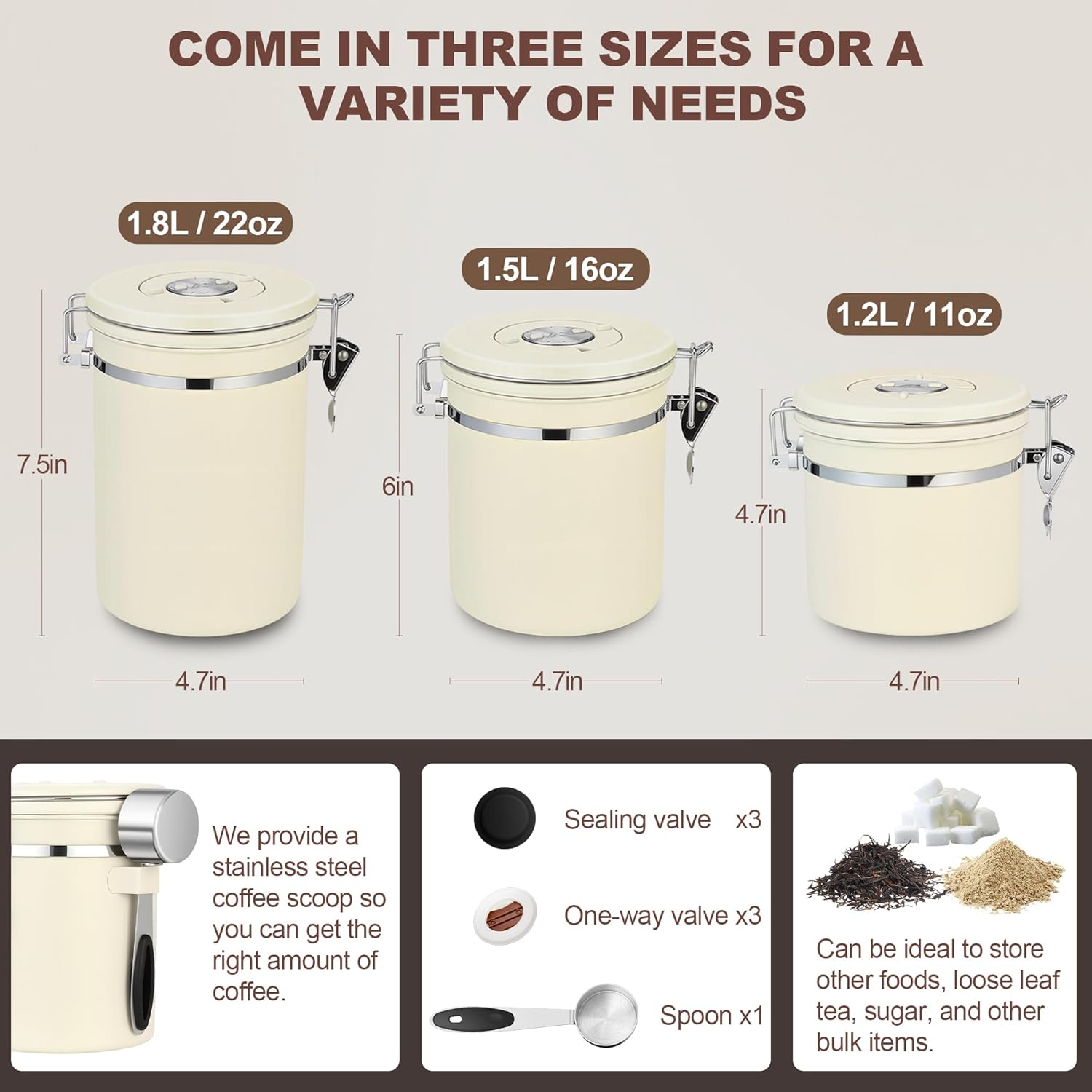 ShanSon Coffee Canister Airtight Coffee Container Stainless Steel Coffee Bean Storage Container with Scoop Coffee Canister for Beans Grounds Sugar Flour Tea Cereal,22OZ,Beige