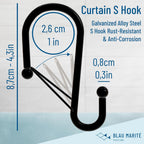 Set of 12 Black Metal S Hook Shower Hooks 1” – Closed, Heavy Duty, Long Decorative Shower Curtain Hooks, Easy Glide, Buckle, Large Rust Resistant Rings for Bathroom Rods (Black, S)