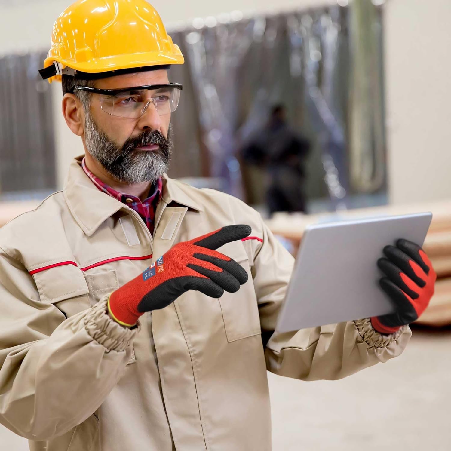 KAYGO Safety Work Gloves PU Coated for Men and Women- KG11P,12 Pairs,Seamless Knit Glove with Two Fingers Touchscreen,Ideal for General Duty Work (Red,S)