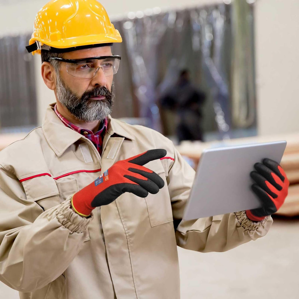 KAYGO Safety Work Gloves PU Coated for Men and Women- KG11P,12 Pairs,Seamless Knit Glove with Two Fingers Touchscreen,Ideal for General Duty Work (Red,L)