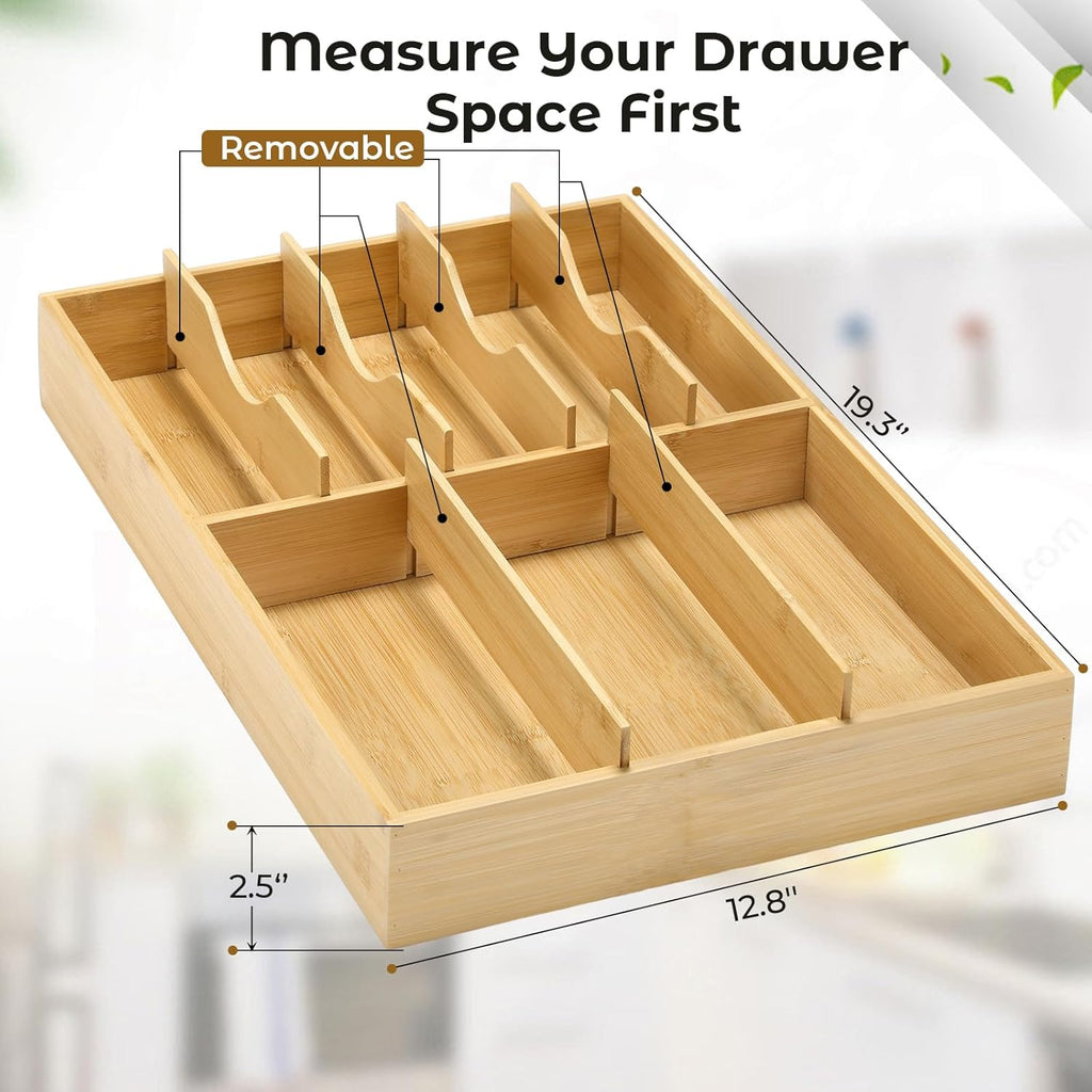 Fabsome Silverware Organizer for Kitchen Drawers, 2.5'' Deep 12.8'' Wide Bamboo Wood Flatware Tray with Deep Slots for Large Cutlery Utensil Drawer