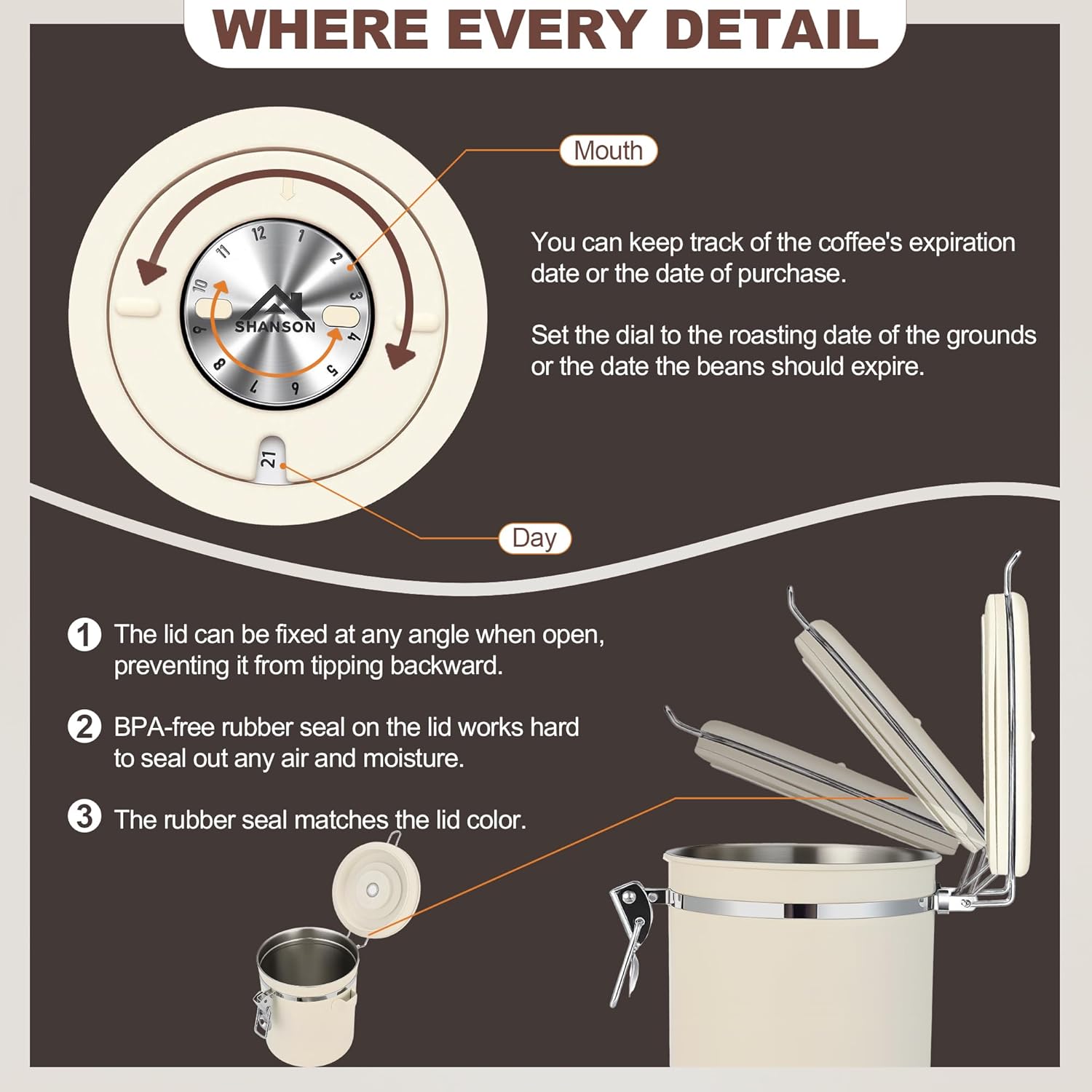 ShanSon Coffee Canister Airtight Coffee Container Stainless Steel Coffee Bean Storage Container with Scoop Coffee Canister for Beans Grounds Sugar Flour Tea Cereal,22OZ,Beige