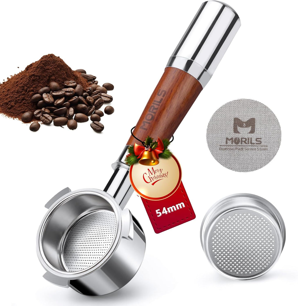 54mm Bottomless Portafilter for Breville Espresso Machines, 3 Ears Espresso Portafilter with Puck Screen,Double Shot Filter Basket & Premium Walnutwood Handle, Espresso Accessories Set.