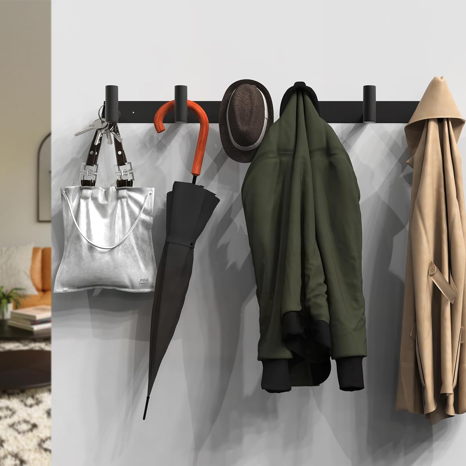 VAEHOLD Black Hat and Coat Wall Mount Rack - 3 Hooks for Robes, Bags, Keys, and Towels - Bathroom Towel Hanger Organizer (2 Pack)