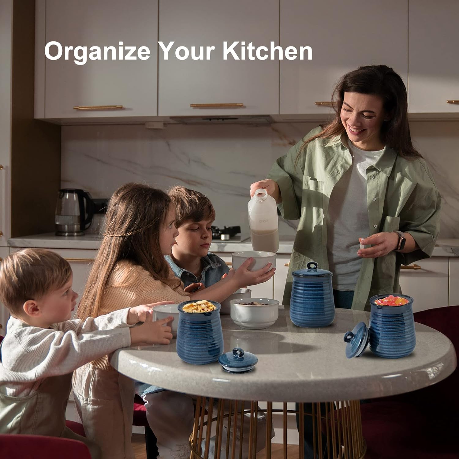 Hasense Ceramic Food Storage Jars Set of 3,25 FL OZ Kitchen Canisters with Airtight Lids, Coffee,Tea and Sugar Containers, Farmhouse Decor for Kitchen, Blue