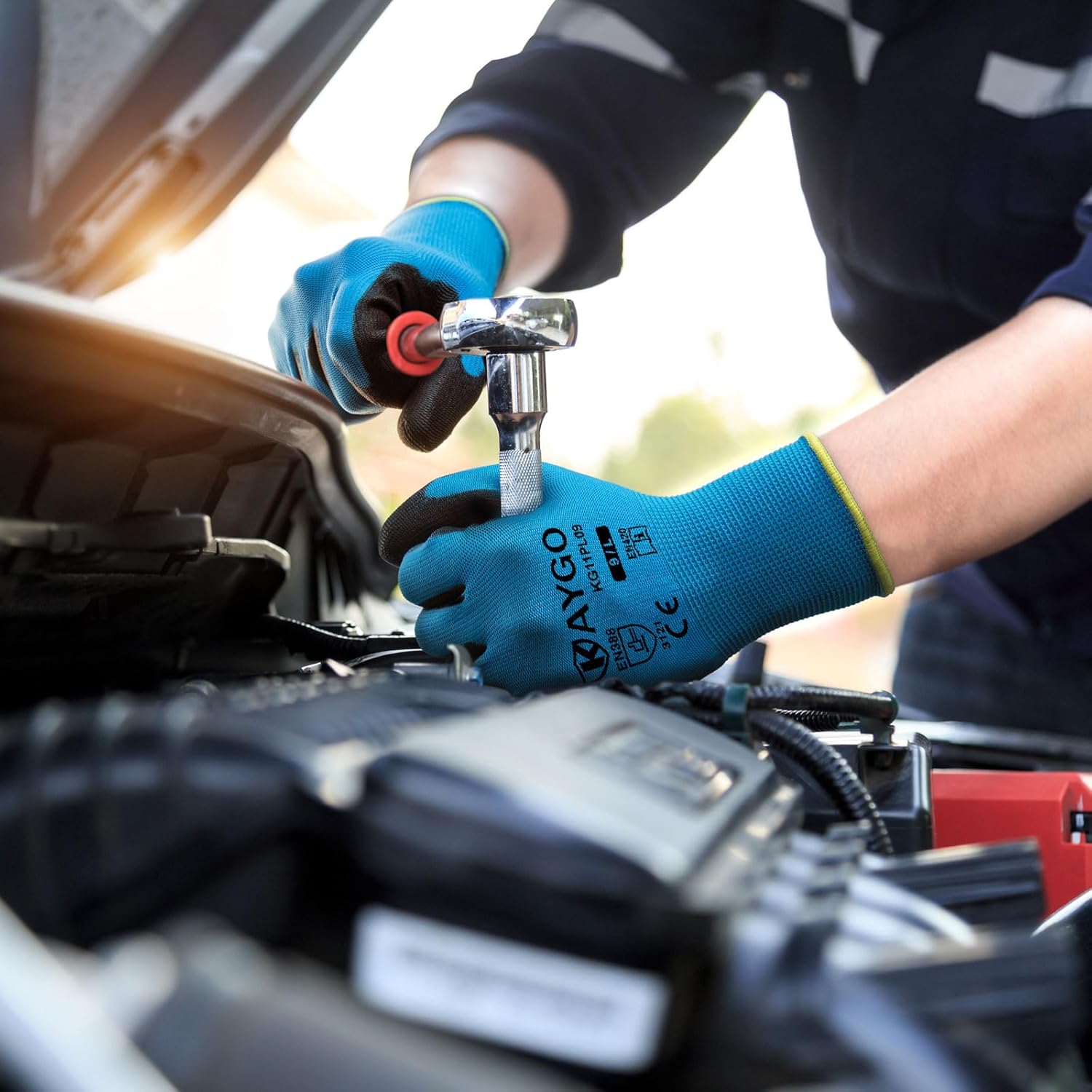 KAYGO Safety Work Gloves PU Coated-60 Pairs Seamless Knit Glove with Polyurethane Coated Smooth Grip on Palm & Fingers, for Men and Women, Ideal for General Duty Work, KG11PR (M,Blue)