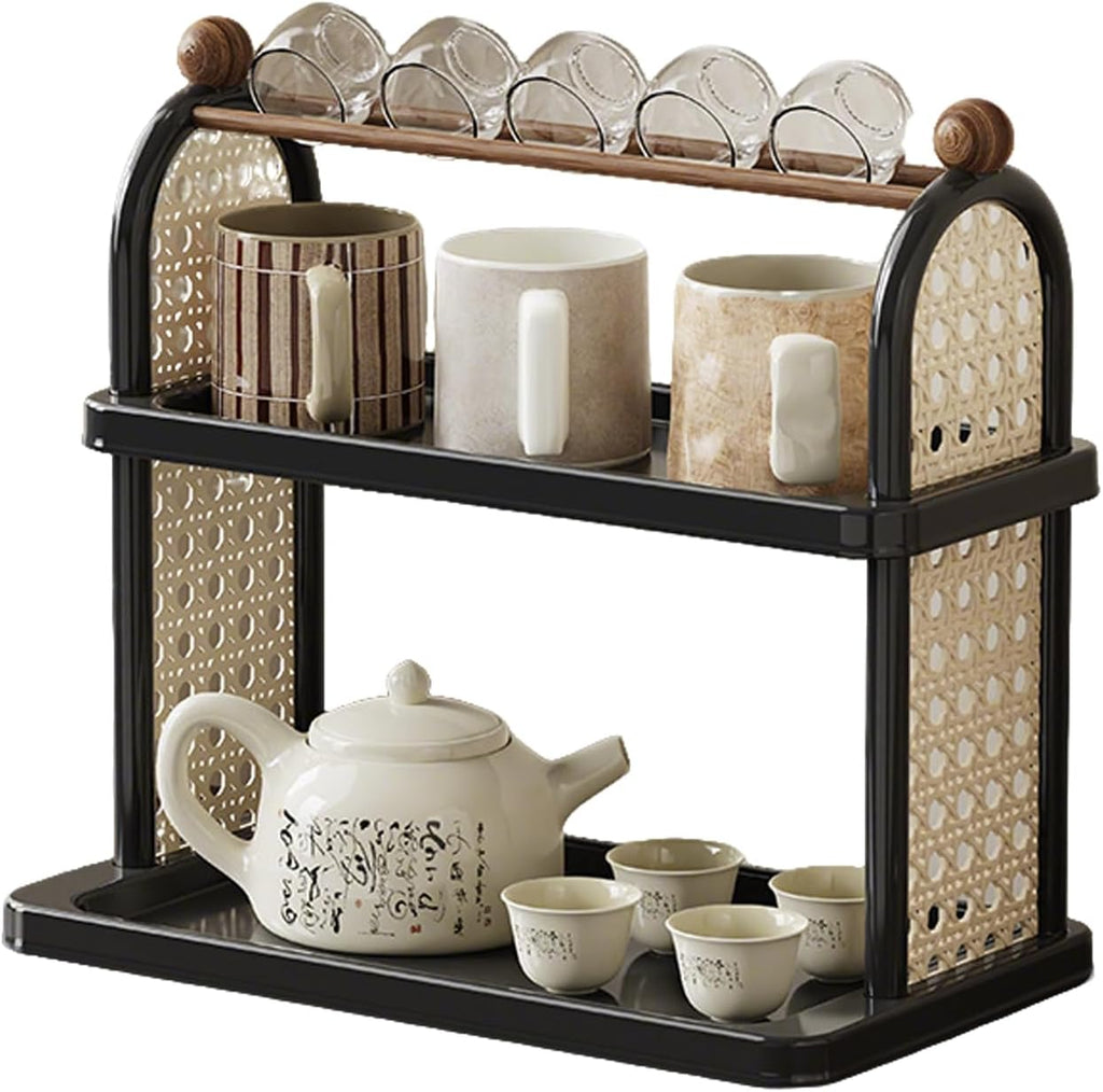 2-Tier Rattan Organizer Vintage Coffee Mug Cup Holder for Countertop Kitchen Bedroom and Living Room, Saucer Bottle Storage Kitchen Accessories (Black)