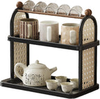 2-Tier Rattan Organizer Vintage Coffee Mug Cup Holder for Countertop Kitchen Bedroom and Living Room, Saucer Bottle Storage Kitchen Accessories (Black)