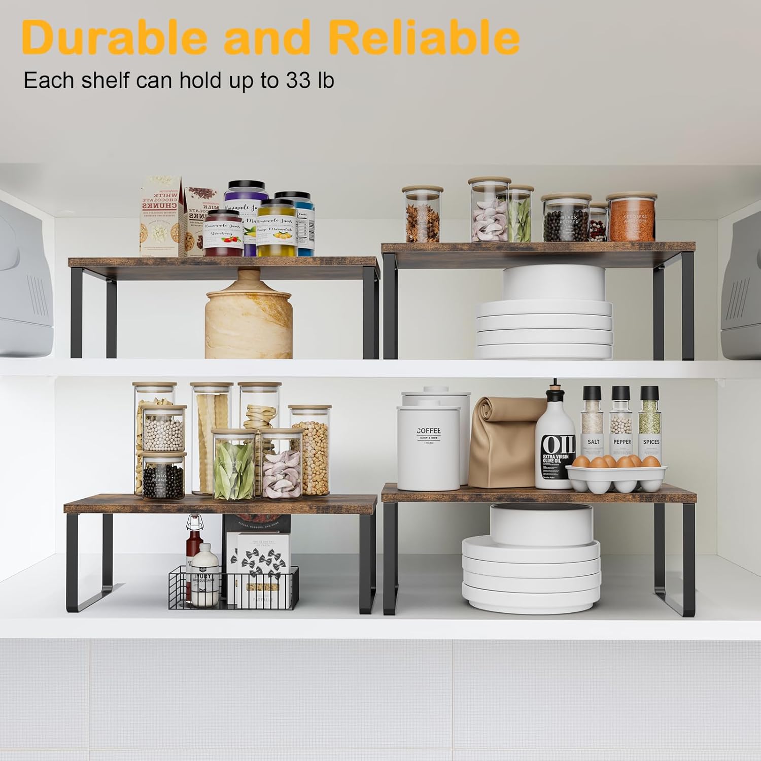 Cabinet Shelf Organizers, 15.7 inches Large Kitchen Counter Shelf, Set of 4 Wood Kitchen Pantry Organizer, Storage Shelves for Countertop, Spice Rack, Stackable, Expandable, Metal Black, Brown