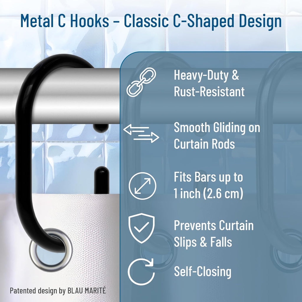 12 Metal Shower Curtain Hooks, Rust-Proof Decorative C-Shaped Curtain Hooks for Bathroom, Black Shower Curtain Rings, Fits Rods Up to 1 Inch (C, Black)