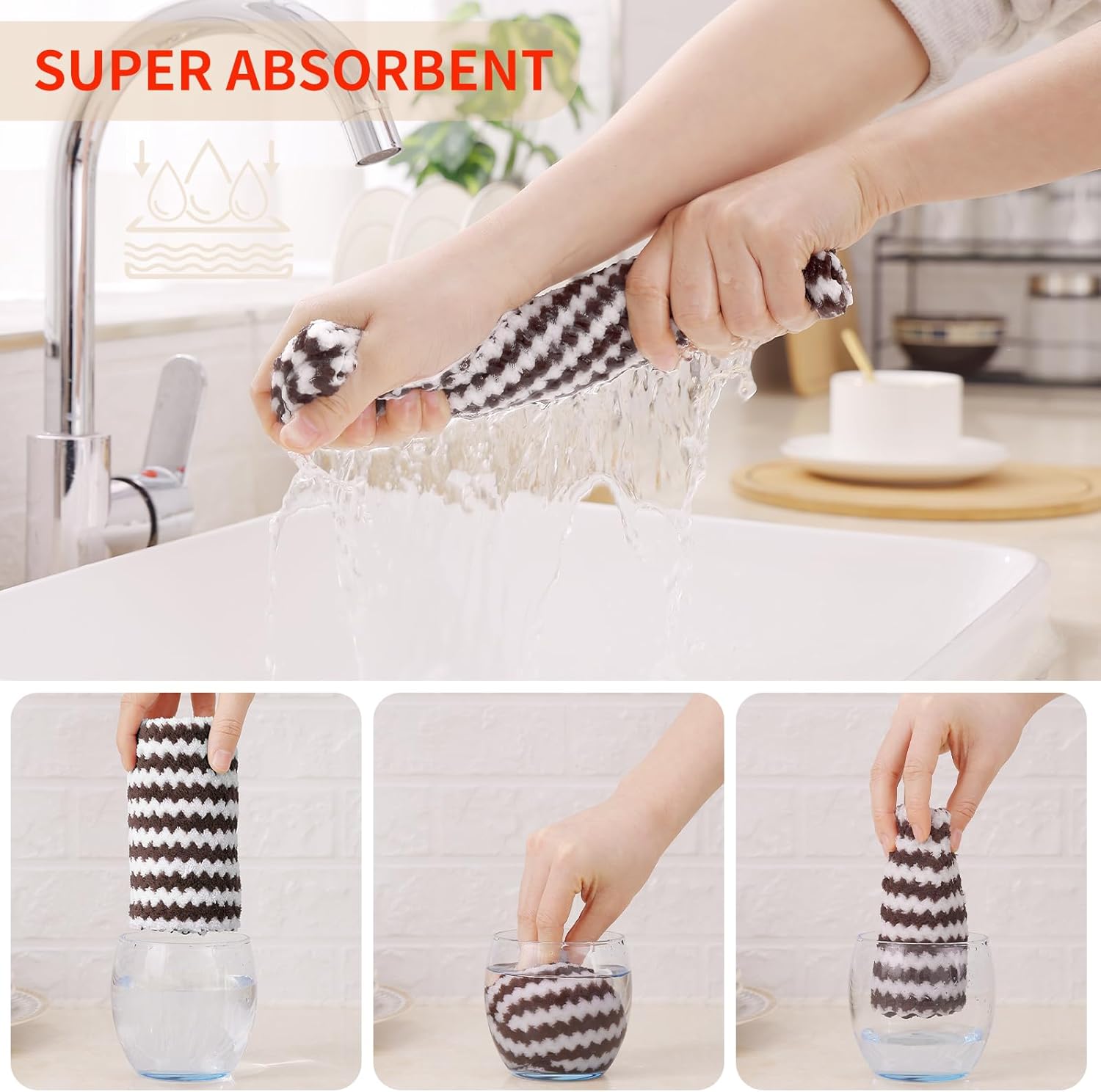 Homaxy 18 Pack Kitchen Dish Cloths, Ultra Soft and Absorbent Dish Towels, Reusable Fast Drying Microfiber Cleaning Cloth, Coral Velvet Wave Design Lint Free, 10 x 10 inches, Brown