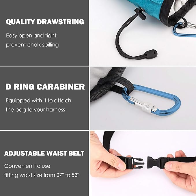 Rhino Valley Climbing Chalk Bag, No Leak Drawstring Chalk Bag with Adjustable Belt, Carabiner Clip and Zippered Pockets Chalk Bag for Climbing, Cross Fit, Weight Lifting & More