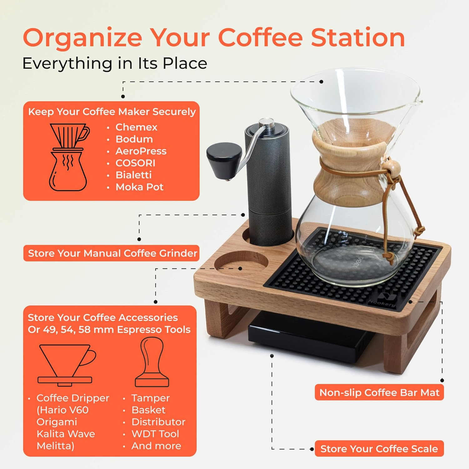 Coffee Organizer Station Oak Wooden Riser Display Stand, for Pour Over & Espresso Tools, Fits Chemex, Bodum, COSORI, Moka Pot, Manual Coffee Grinder, Coffee Scale, with Black Coffee Mat for Countertop