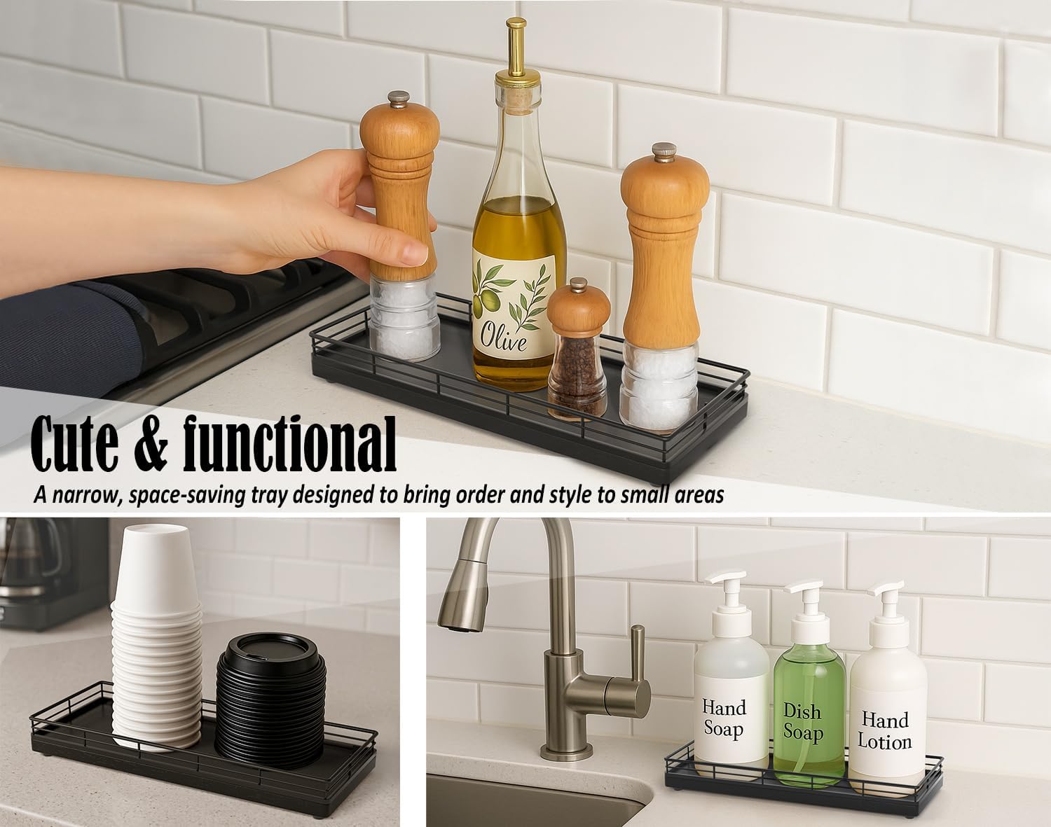 Bathroom Tray for Counter, Oak Wood 11" L Small Vanity Tray for Dresser Tops Perfume Jewelry Makeup Candle Soap Sponge Holder for Kitchen Countertop Organizer Coffee Table Decor Bar Black