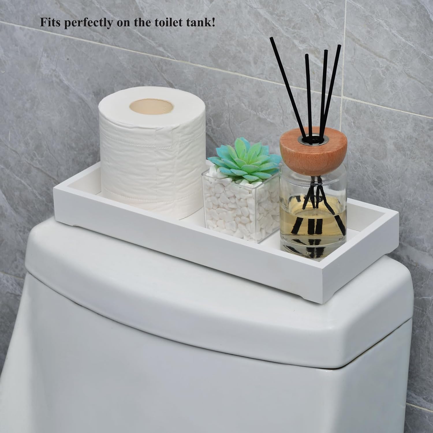 Bathroom Rectangle Tray, Toilet Top Organizer, Farmhouse Wooden Vanity Tray with Soap Tray, Toilet Tank Tray for Bathroom, Ideal Also as Jewelry, Perfume & Napkin Trays (White, 4.8" W11.5 Lx1.2 H)